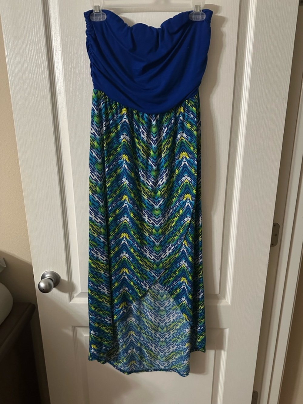 Strapless High-Low Maxi Dress in Royal Blue and Multicolor Print